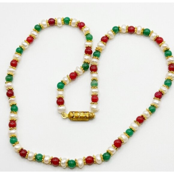 Gold Plated Pearl Red & Green Semi Precious Stone Beaded Necklace 16.5” - Picture 1 of 4